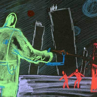 Izelopp - sketch for Kin Dza Dza animation film by Geogy Danelia (Peter Dzogaba, pastels, 2006)