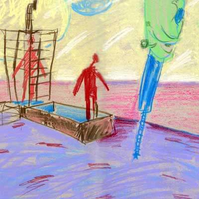 Musique fur Izelopp, sketch for Kin Dza Dza animation film by Geogy Danelia (Peter Dzogaba, pastels, 2006)