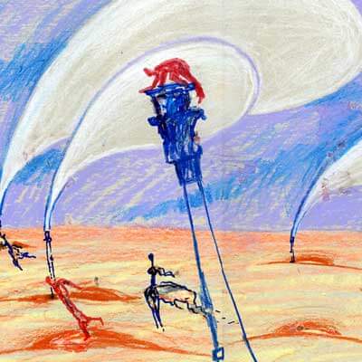 Last breath of Papa Peje, sketch for Kin Dza Dza animation film by Geogy Danelia (Peter Dzogaba, pastels, 2006)