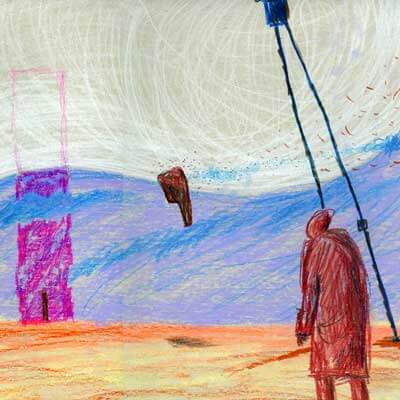 Tomb of Papa Peje, sketch for Kin Dza Dza animation film by Geogy Danelia (Peter Dzogaba, pastels, 2006)