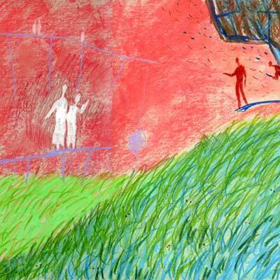 Pluck Planet, sketch for Kin Dza Dza animation film by Geogy Danelia (Peter Dzogaba, pastels, 2006)